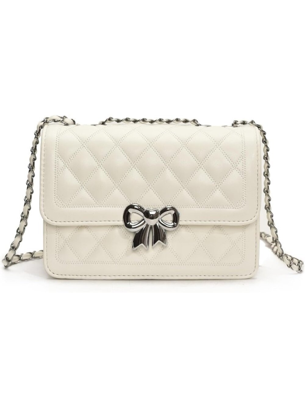 Women's White Quilted PU Leather Crossbody Bag Chain Small Shoulder Purse